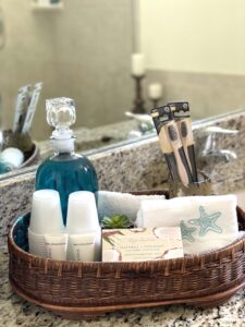 A basket of toiletries in the bathroom