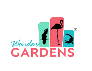 A logo of wonder gardens with flamingos and birds.