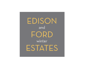 A gray square with the words edison and ford winter estates written in yellow.